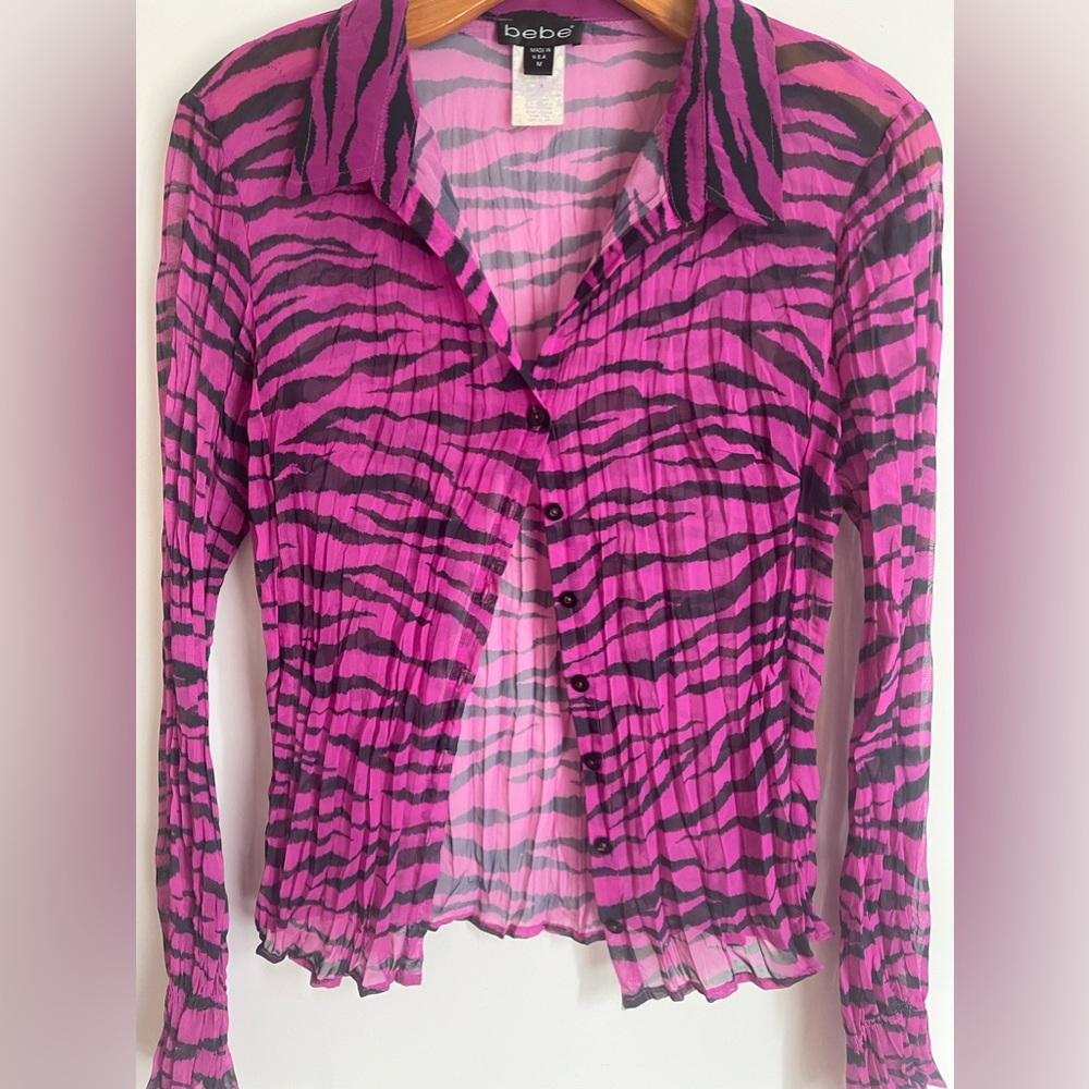 Bebe Pink Zebra Print Button Up Long Sleeve
